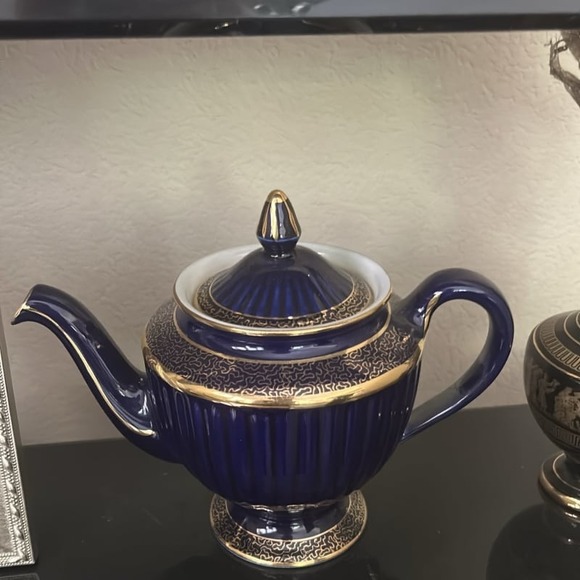 Hallmark Other - Hall Cobalt Blue Gold Ribbed Teapot 6 Cup USA